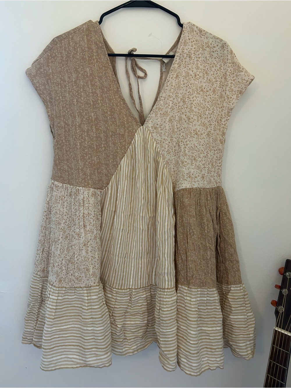 American Eagle Outfitters Beige Patchwork Tiered Mini Dress